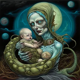 Visual Necromancy, zombie Madonna cradling an anthropomorphic worm baby on the moon, surrealist color oil painting, putrescence essence