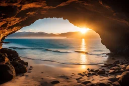 Photograph taken from inside a cave, of a sunset over the mountains with the beach and ocean in the background. The warm sunlight gently bathes the entire scene. Clear and sharp photography, natural light clarity.