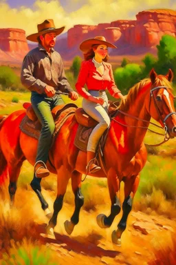 Oil painting of a cowboy and a woman riding horses