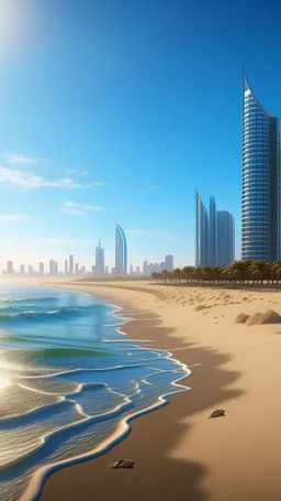 A long, sweeping Sandy Bay With sci-fi skyscrapers Along The Shoreline