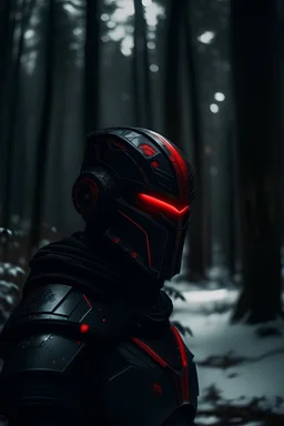 a strong warrior wearing futuristic sci fi helmet, black futuristic armor, glowy red visor, covered face, distant shot, adobe lightroom cinematic filter, snowy forest scene