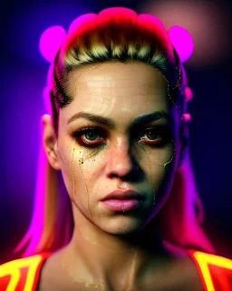 portrait, Shakira, blonde artist, angry, Realistic image, MMA robe, hoodie, mma gloves, band aid, loose long hair, eyes make up, line gold make up, glow, circle iris. moisture sweat, fog, Neon colors, leds. Dark background, photo studio, concept art, smooth, unreal engine 5, god lights, ray tracing, RTX, lumen lighting, ultra detail, volumetric lighting, 3d, finely drawn, high definition, 4k.