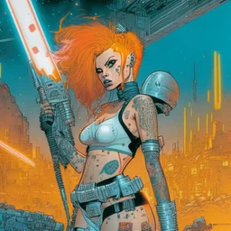 Una mujer egirl de pelo naranja cyberpunk con tatuajes fittnes en armadura plateada futurista en un estilo de comic de 1980 en un wasteland en montevideo con una sable de luz tipo star wars. Escena de acción.