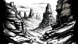 Canyon landscape with book art integrated into the rock formations, winter scene, snow-covered ledges, overcast sky, cold atmosphere., Generates an image in the style of Alfred Freddy Krupa: contemporary ink painting, influences of Eastern ink art and Western expressionism, dynamic and gestural lines, expressive use of negative space, themes of nature and the human figure, minimalist and evocative compositions, a sense of spontaneity and fluidity., The style is dramatic with Dutch lighting for b
