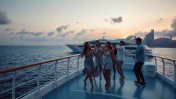 a group of young ladies and young men are dancing to camera on deck of a modern ship in oceion,a big luxury ship passes ,modern city escape at distant,cloudy sun set sky