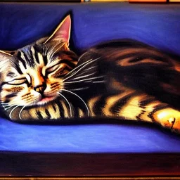 oil portrait of a Cat sleeping in a Black sofa by Monet 8k