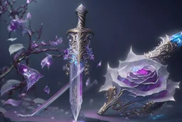 A fantasy zweihander, the blade is made up of glimmering ice, it's hilt is crafted from swirling vines, leading to a vibrant rose crystal at the pommel, with a black background behind it.