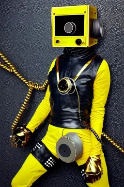 Metallic Cyber-punk style camera-mask and old headphones. Large fencing mask covers cheeks. Trim man. Reflective plastic body surface, golden skin, full-coverage. Body and Head full of integrated old-fashioned cameras and an old telephone. Golden to black surfaces body. Perfect body. Equations, Euclidean 3D-tiling, Escher tiling. 1996. Cables in head. Daft Punk. Matrix leather jacket. Hood. Beanie.