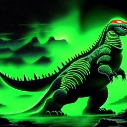 ultra detailed fullbody Drawing of Mech Godzilla ,with glowing Green eyes, extremely detailed digital painting, intrincate, extremely detailed face,crystal clear Big eyes, in the style of Pixar , mystical colors , perfectly centered image, perfect composition, rim light, beautiful lighting, 8k, stunning scene, raytracing