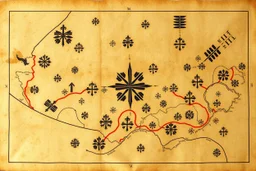 a scan of an ancient Cree Anishinaabe map, hand drawn been stained and weathered, Cree Syllabic symbols