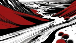 An abstract and ultra minimalist illustration by Sorayama and Kuniyoshi of a red, black and white desert landscape.