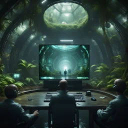 a video conference on egg like video screen with multiple sick aliens held by a scientist in dark lit reflective wet jungle metallic hall dome hotel tunnel, in the style of a fallout 4,bokeh like f/0.8, tilt-shift lens 8k, high detail, smooth render, down-light, unreal engine, prize winning