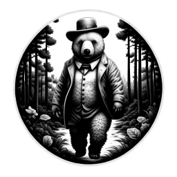 Sticker design on white background, Teddybear walking in a forest, in Gustave Dorè art style, high details, photorealistic, ambient occlusion, monochrome, black and white
