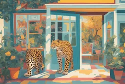 whimsical folk art, flat colors, arafed juxtaposition, uncanny, enter the leopard motif, sunny porch afternoon vibe