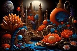 fractal landscape, Fantasy flowers, Catherine Abel style, digital painting, elegant, soft, diffuse, light fantasy, oil on canvas, beautiful, highly detailed, ultra-detailed, clear, colorful, Jacek Jerka, acrylic painting, Gediminas Prantskevicius. Art Deco. Paisley Brown. polished. Art Deco Catherine Abel, Yayoi Kusama, Yayoi Kusama. Thomas Kinkade
