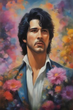 Paul Stanley/Elvis Presley/Keanu Reeves/Jon Bernthal, multicolored, large, floral designs, atmospheric, beautiful, oil painting by Frank Frazetta, 4k UHD, Photorealistic, professional quality