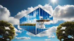 a high photorealistic futuristic unique metal house floats in sky between big clouds, high textures, blue sky, sunshine, Professional photography, bokeh, natural lighting, canon lens, shot on dslr 64 megapixels sharp focus, stunnig