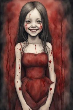 body anormal, smile blood, girl cute, watercolor illustration by <John Kenn Mortensen>, darkred tones,