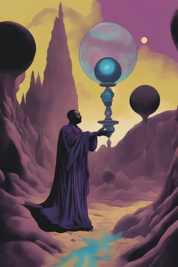 Intergalactic priest, a tall figure with dark purple skin and neon veins, dressed in royal robes, his slender arms and hand raised up, balancing an iridescent orb, fantastical caves in the background, vintage illustration, surreal figurative art, 1970s style drawing, dark psychedelic atmosphere , Danny Flynn style