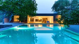 there is a reflection of a tree in the water of a contemporany house pool