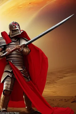 Planet Mars portrayed as a menacing man wearing Roman-like armour, a red cape, and a spartan helmet that covers his face entirely, he is armed with a spear and a spartan shield, his armour is covered with battle marks