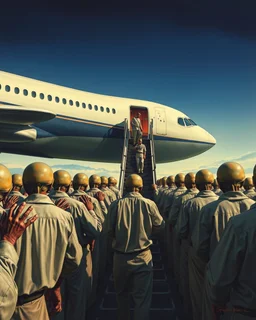 Bosch painting style , a aliens prisoners in rows with hands tight to the back and heads down are entering to a commercial airplane by stairs