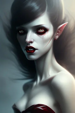 Dracula girl, cute, beautiful, white eyes, red lips, black hair, vampire tooth with bangs, goth, close up portrait by Greg Rutkowski