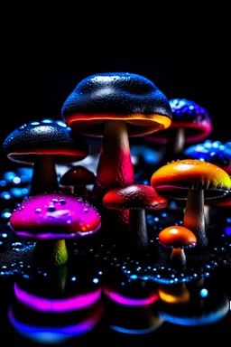 Diseased colourful mushrooms and fungi growing from black oil with a black background in the multiverse