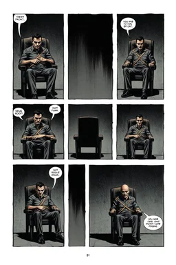 a page divided into 6 rectangular panels, each with different views of a man strapped to a chair and being interrogated, suspenseful comic book