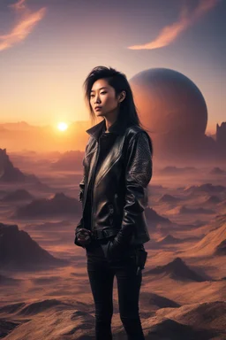 Asian in a leather jacket on a strange planet looking at the sunset