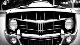 Photograph of a the front grill of a gorgeous, expensive, oldschool black muscle car with a big, black front grill, realistic, stylish, taken up close, symmetrical