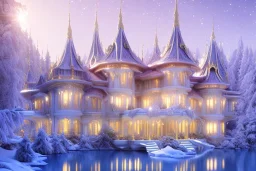 a magical crystal snow pink gold house palace in the woods, blue lake,sun,white swanns,pink vertical, blue lake,sharp, vines, candlelit, endor, ornate, elegant, highly detailed, artstation, concept art, smooth, sharp focus, illustration, 8k, splash art, wallpaper, key visual