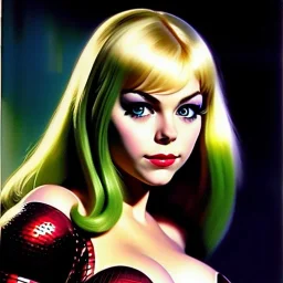 portrait oil on canvas, beautiful busty Gwen Stacy, green big eyes, ,minimal armor,comic book cover, mystical colors,insanely detailed,realistic,intrincate detail, 16k resolution, masterpiece,Frank Frazetta,Alex Horley, Simon Bisley