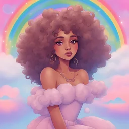 a portrait of a medium brown-skinned young adult woman with big curly hair and a puff sleeve selkie dress, sitting on a cloud in a sparkly sky, rainbow in the background, rainbow pastel color scheme, highly colorful, incorporate glitter, in the style of stylized original character art