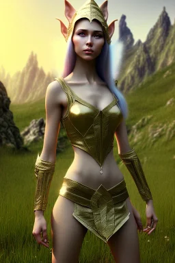 elven young woman, wearing light dress, visible ultradetailed cute femine face, visible and armonious legs feet and hands, luminous weather, field in the mountains, realistic 3d render, mortal kombat style, unreal engine