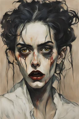 Painting of a deranged Goth vampire girl, with highly detailed hair and facial features in the Expressionist style of Egon Schiele, Oskar Kokoschka, and Franz Marc, in muted natural colors