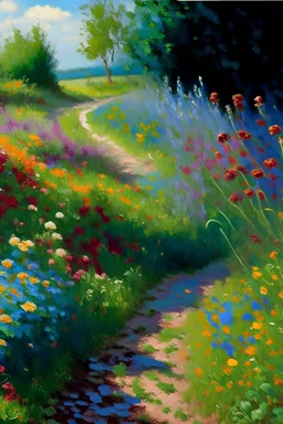 painting in oil of landscape of several kinds of colorful wildflowers, with a small overgrown country path, ultrasharp, realistic colors