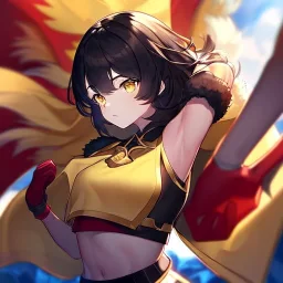 Clear focus,High resolution, Black short fluffy hair, and yellow eyes, wearing a black short skirt, sleeveless crop top, wearing long dark red gloves, yellow cloak