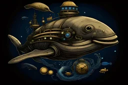 steampunk whale flying around planets