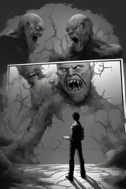 a man looking into a shattered mirror and seeing a horrifyingly smeared and deranged monster in his reflection