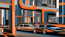 (hustle and bustle:55), loop kick, (deconstruct:28), retro futurism style, urban canyon, centered, great verticals, great parallels, hard edge, colors of metallic orange and metallic steel blue