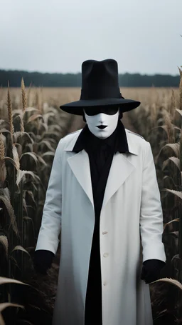photo raw, 8k uhd, 1960s film still, front man in black trenchcoat and black hat, wearing white plastic halloween mask, dark hair, in the middle of a dark corn field, sharp focus, realistic,