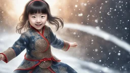 Magical Fantastic young happy Chinese female child, Liquid Structure, Flying snowflakes, excitement, Splash, Portrait Photography, Fantasy Background, Intricate Patterns, Ultra Detailed, Luminous, Radiance, Ultra Realism, Complex Details, Intricate Details, 16k, HDR, High Quality, Trending On Artstation, Sharp Focus, Studio Photo, Intricate Details, Highly Detailed