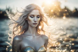 silver mermaid in sunshine, watercolor and black ink outlines, sparkling golden glitter, ethereal, cinematic postprocessing, bokeh, dof