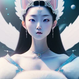 smooth hyper realistic, beautiful Japanese goddess, pale colors, dark cosmos background, cat еye, extremely sharp detail, finely tuned detail, ultra high definition, 8 k, unreal engine 5, ultra sharp focus, accurate sword wings, positive smile, lot of details, fit within portrait, Ambiance winter, perfect composition, perfect hair, perfect hands, finger up gestures