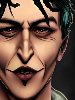 Arkham City oc male realistic joker black hair dark brown eyes skin tone rare tainted complexion due to the ace chemicals