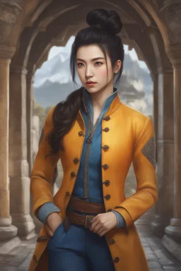 front view, beautiful female, asian, pale skin, dark hair, front mohawk, back high bun hairstyle, detailed dark eyes, yellow jacket, orange blouse, wearing backpack, baggy blue pants, fantasy setting, medieval, year 1800, 8k, high detail, intricate, cinematic background, facing viewer