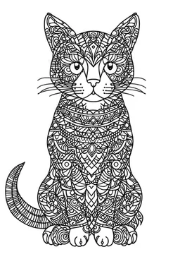 A simple coloring book page drawing with only thick black lines on a white background of a full length body of a kitten mandala of the cat breed ONCILLA with one tail in the Pop Art style. No shading. No gray. No shadows. No color. This coloring book page would appeal to children aged sixteen through adults and have clean lines for a design that is easy to color. Style raw. Aspect ratio 9:11