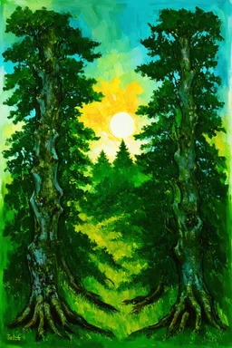 Cognitive fortress; Post-Impressionistic sky and sun with a forest where the trunks are inspired by Klimt and the evergreen leaves are ink wash in many shades of green