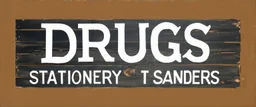 a hand painted sign on dark painted wood planks, first line says "DRUGS", second line (Smaller) says "STATIONERY T SANDERS", on a brown background